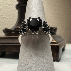 Black Spinel Style Cocktail Ring | Silver Tone | Gothic Statement Ring | Size 8